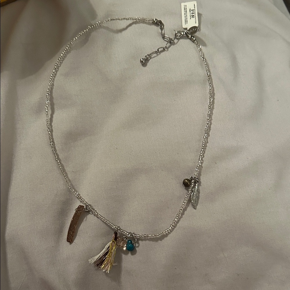 Silver Charm Necklace with‎ Tassel and Beads